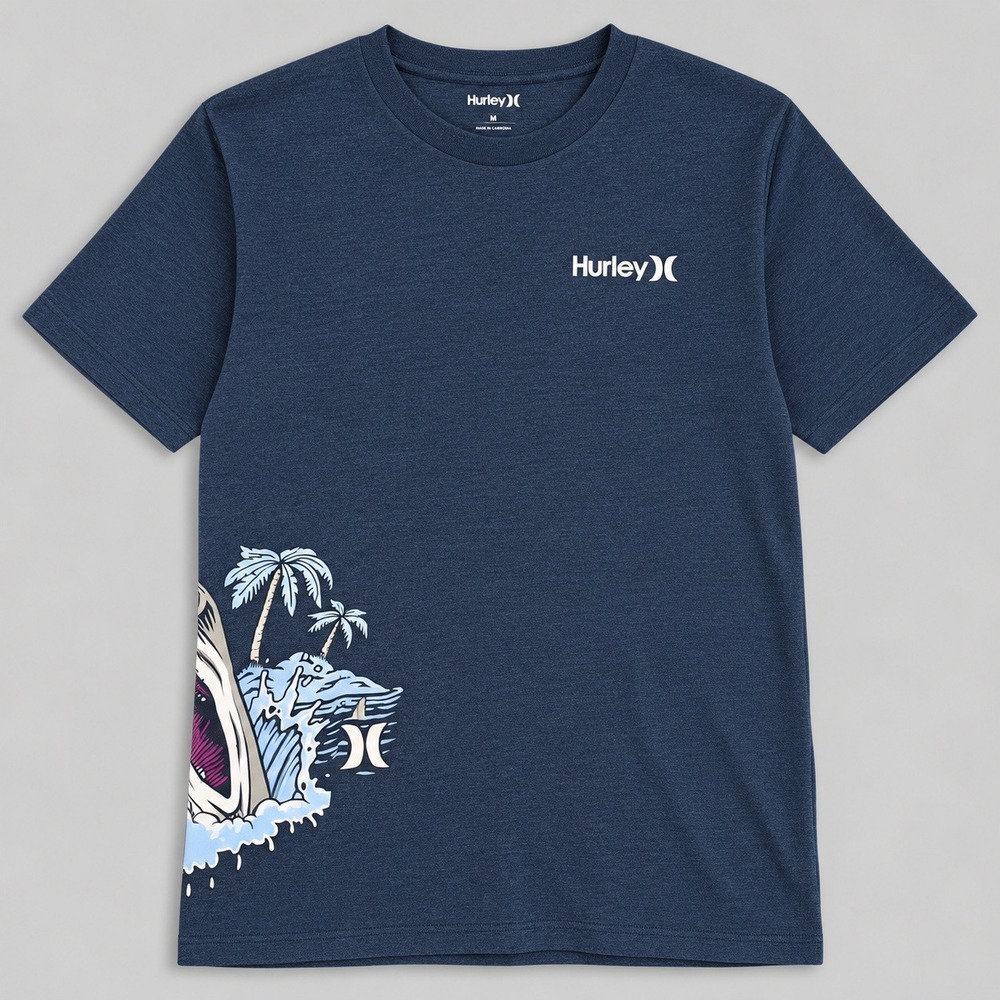 Hurley Boys XL Blue Heathered Shark Graphic Surf T-Shirt Palm Trees
